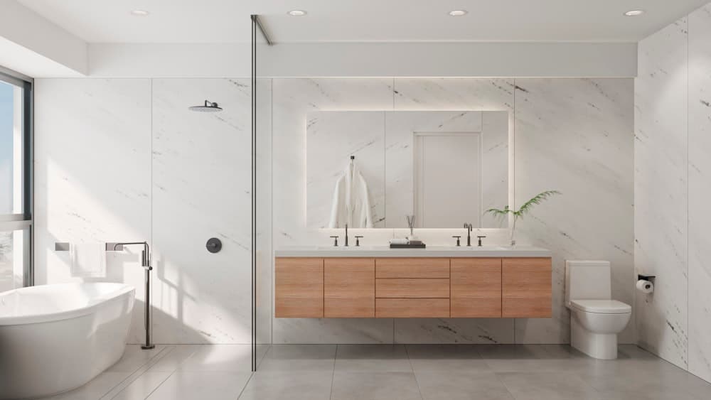 A walk-in shower with large-format tiles (illustrative example)