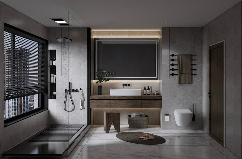 A wet room with a wall-hung toilet (illustrative example)