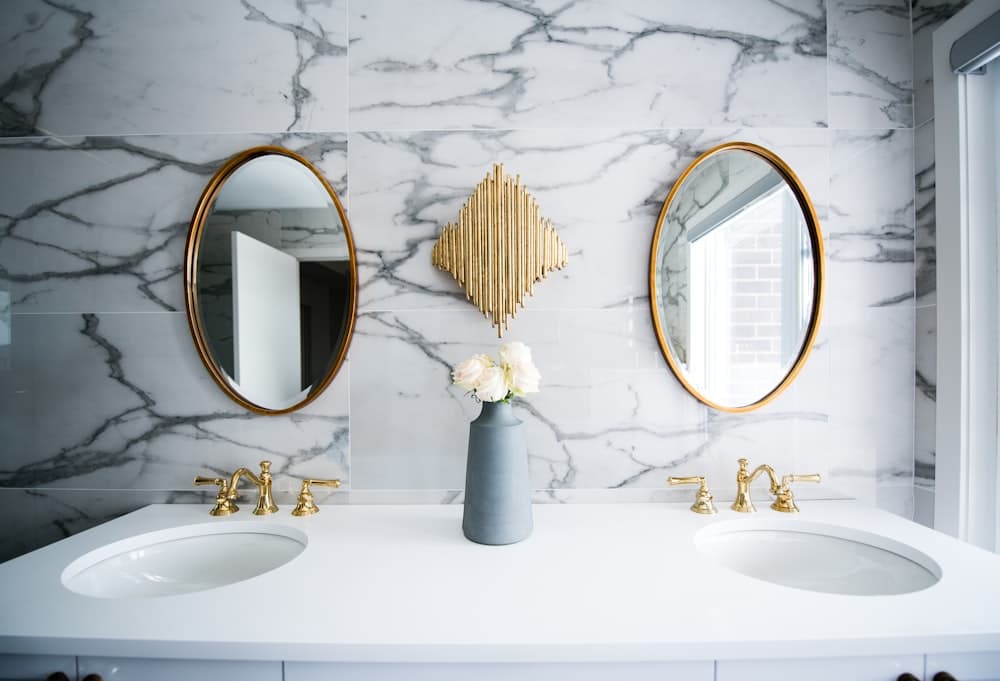A bathroom with patterned floor tiles (illustrative example)