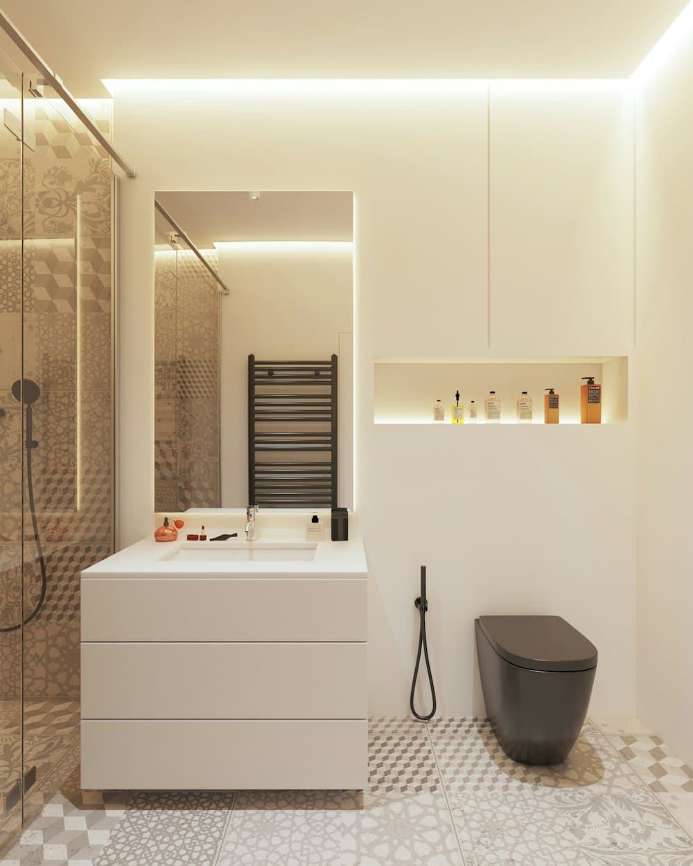 Neatly tiled bathroom wall (illustrative)