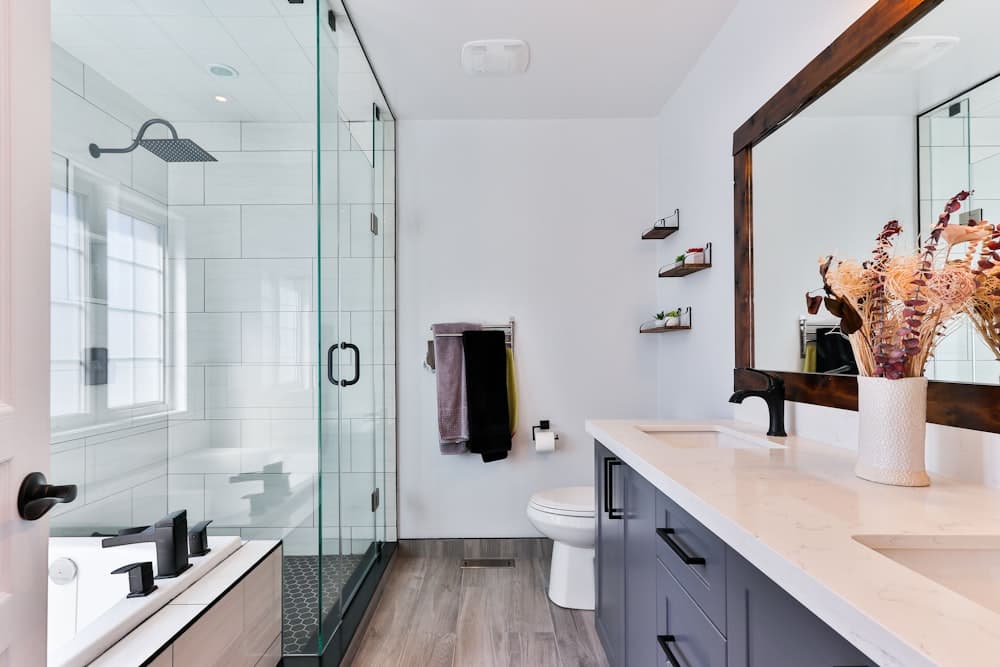 A tiled wet room with a glass screen (illustrative)